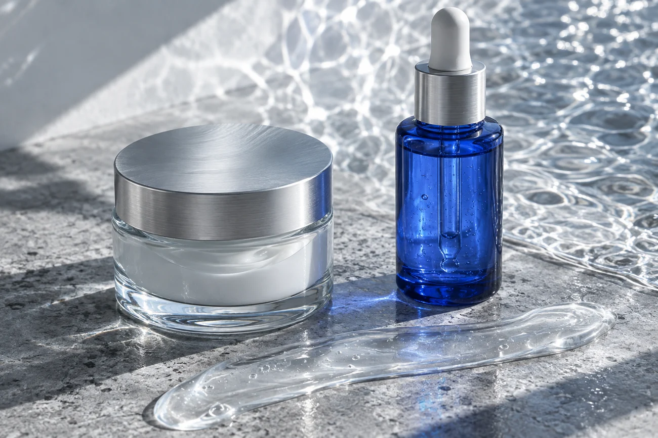 Illustrative skincare still life with a blue serum bottle, glass moisturizer jar, and gel